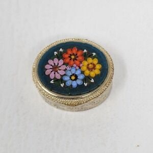 Vtg Italian Micro Mosaic Hinged Pill Trinket Box Gold Tone Floral Oval 1.25x1.5